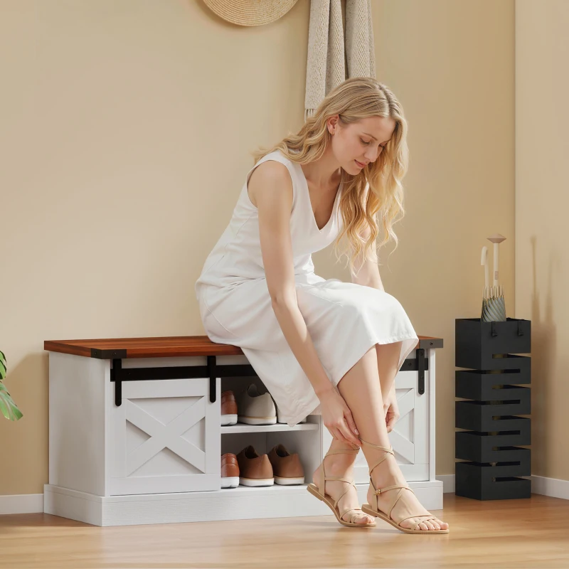 HOMCOM Coat Rack Shoe Bench Set 2-Piece Hall Tree Storage 4 Hooks Sliding Barn Doors White and Dk Walnut