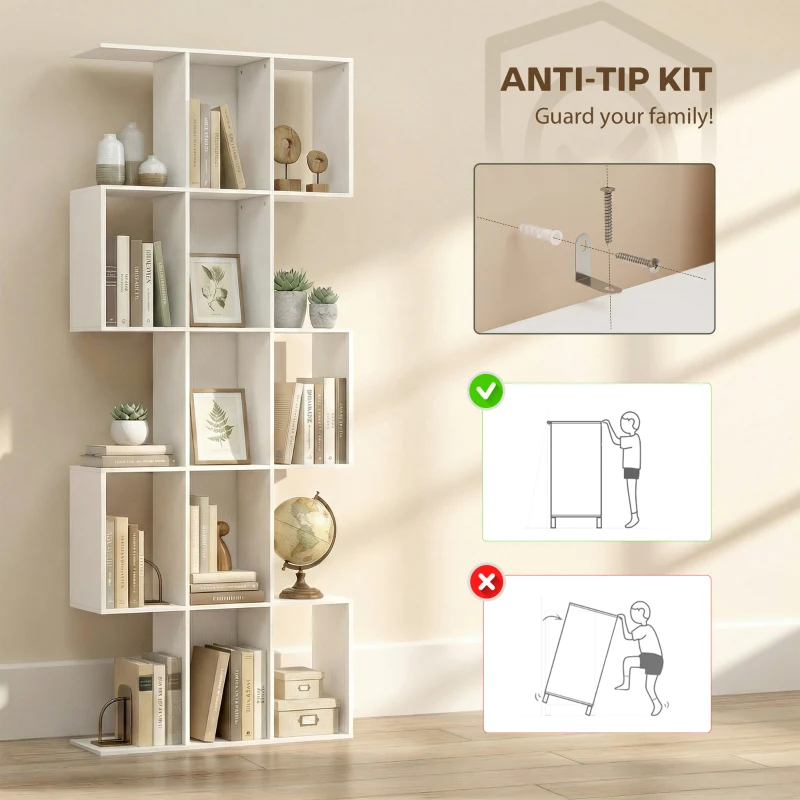 HOMCOM 5-Tier Bookshelf, S Shaped Geometric Bookcase with 15 Compartments, White Wood Grain
