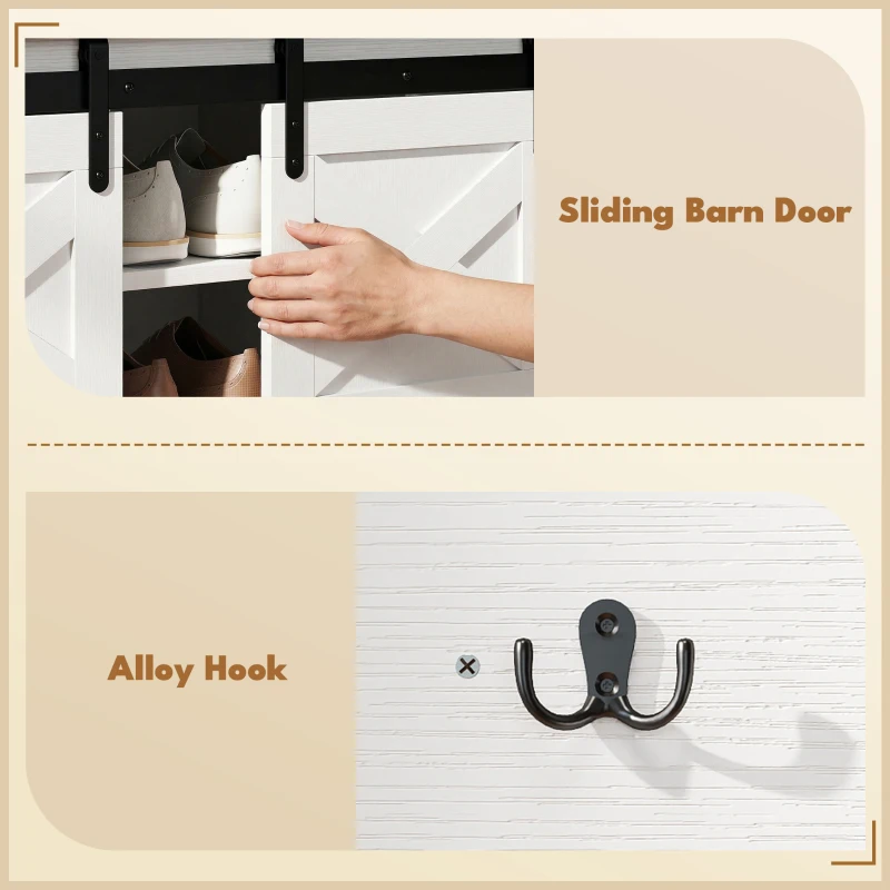 HOMCOM Coat Rack Shoe Bench Set 2-Piece Hall Tree Storage 4 Hooks Sliding Barn Doors White and Dk Walnut
