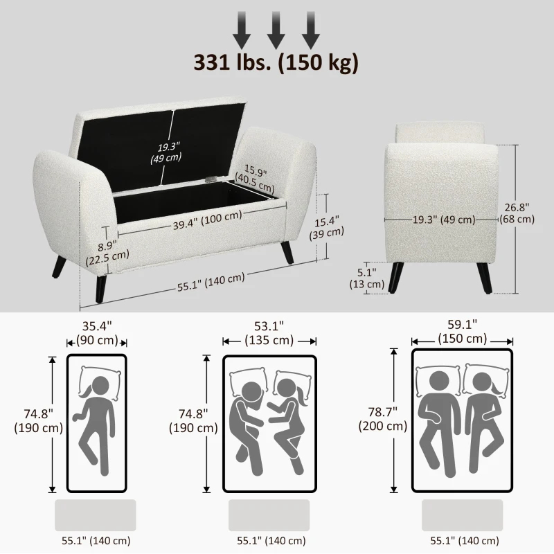 HOMCOM Upholstered Storage Bench with Arms, Modern Ottoman Bench for Bedroom, Entryway, and Living Room, Cream White