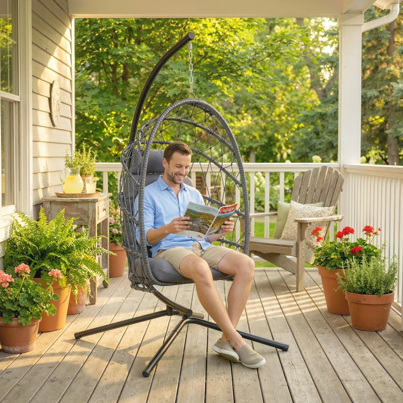 Outsunny Hanging Egg Chair with Stand, Foldable Wicker Rattan Swing Chair with Thick Cushion and Safety Rope, Grey