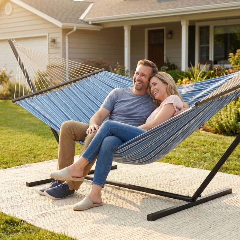Outsunny Hammock with Stand Heavy Duty Camping Hammock with Steel Frame for Patio Backyard Blue and White