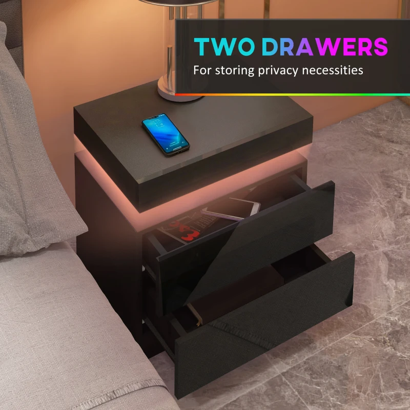 HOMCOM Nightstand, Bedside Table with LED Lights and 2 Drawers for Bedroom, Living Room, Black