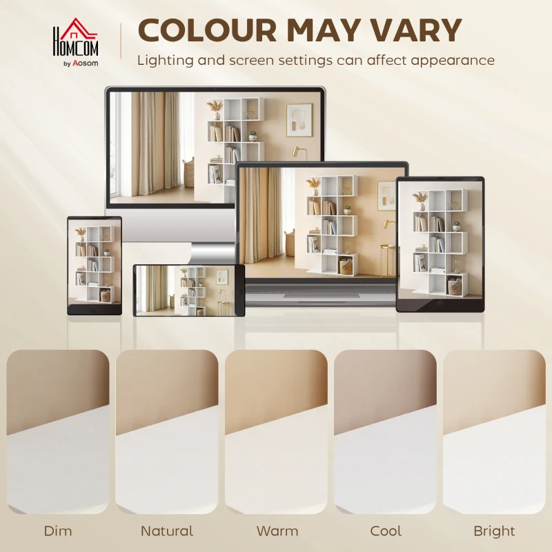 HOMCOM 5-Tier Bookshelf, S Shaped Geometric Bookcase with 15 Compartments, White Wood Grain