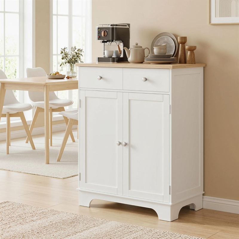 HOMCOM Sideboard Buffet Cabinet with Storage, 27" Kitchen Cabinet with Adjustable Shelf, 2 Drawers and 2 Doors, Coffee Bar Cabinet with Rubberwood Tabletop, White