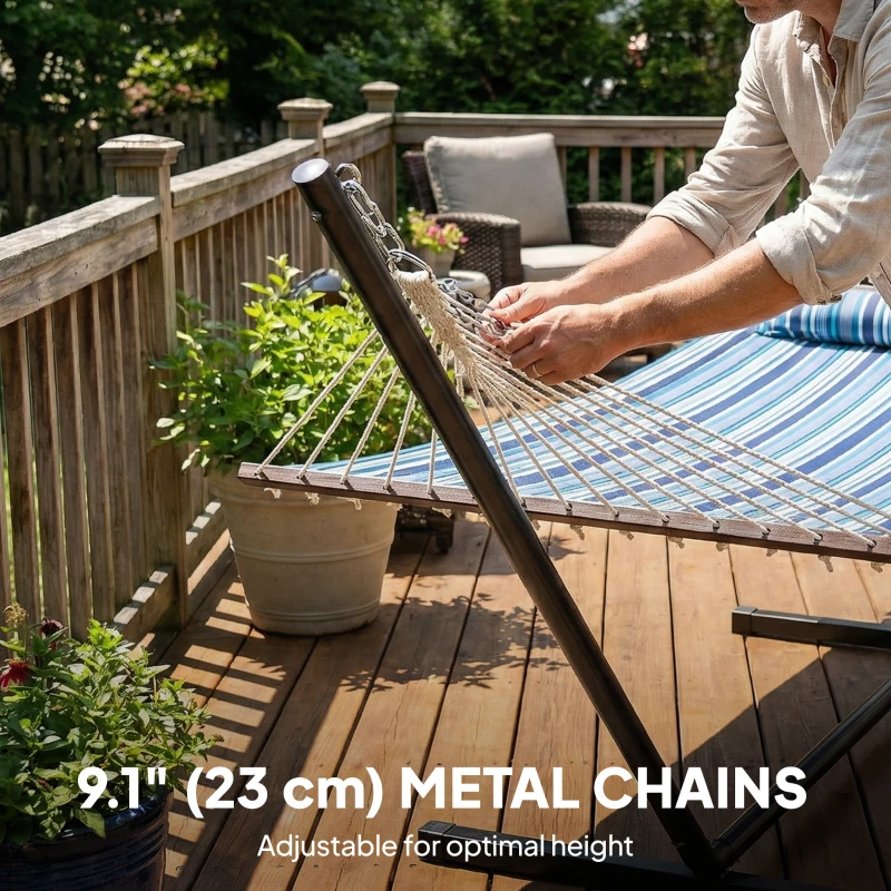 Outsunny Hammock with Stand Heavy Duty Camping Hammock with Steel Frame for Patio Backyard Blue and White