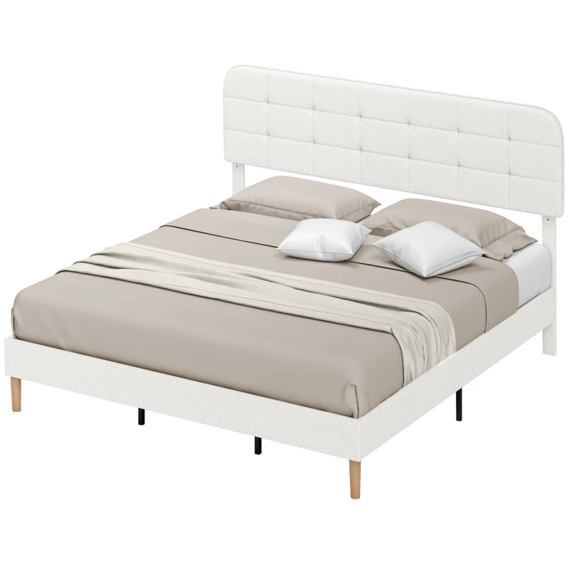 HOMCOM King Size Bed Frame with Adjustable Headboard Upholstered Platform Bed Frame with Wood Slat Support Noise Free White