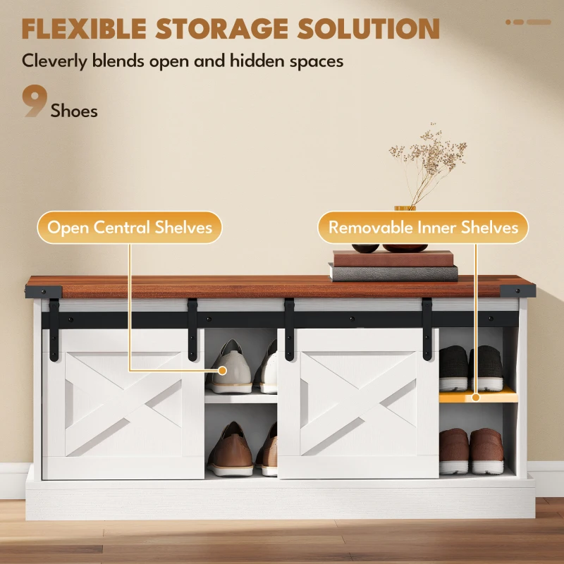 HOMCOM Coat Rack Shoe Bench Set 2-Piece Hall Tree Storage 4 Hooks Sliding Barn Doors White and Dk Walnut