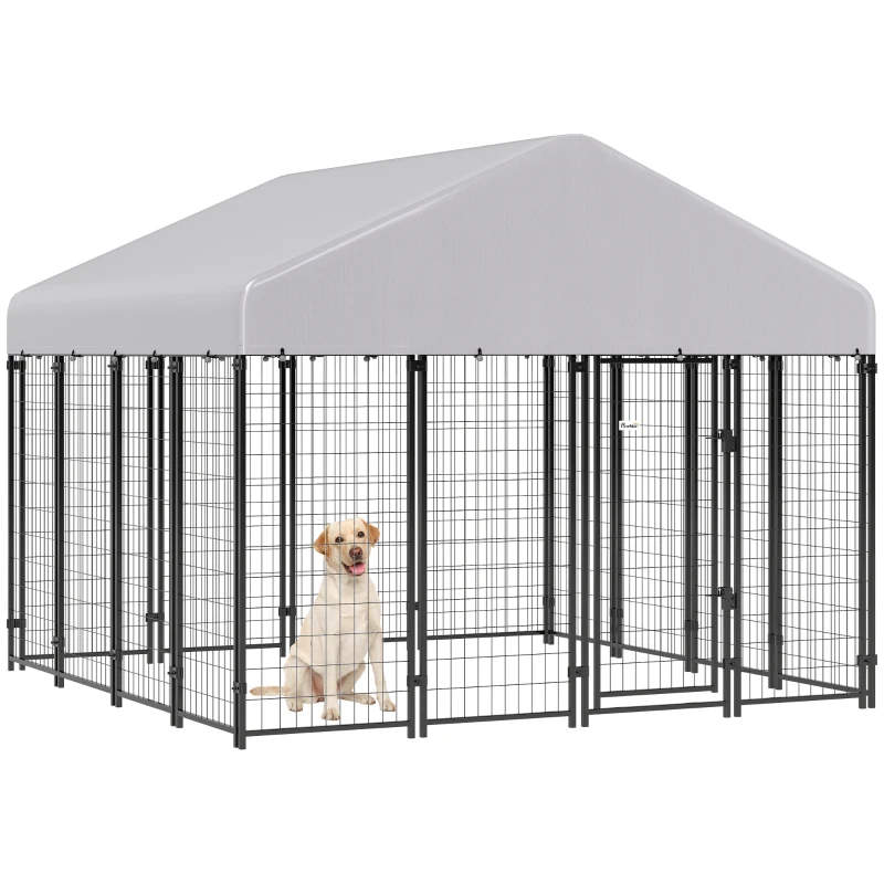 PawHut Outdoor Dog Kennel with Roof, 8' x 8' x 6' Heavy Duty Welded Wire Dog Playpen Enclosure with Escape-proof Lock