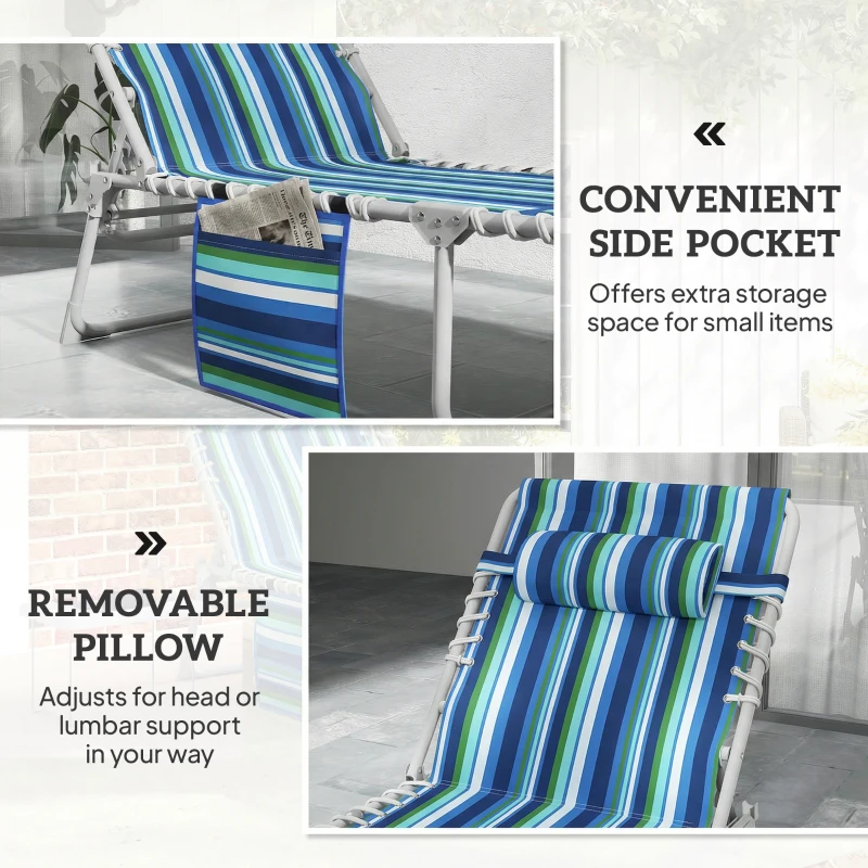 Outsunny Tanning Chair with Face Hole and Side Table, 5-Position Folding Outdoor Chaise Lounge Chair, Blue Stripe