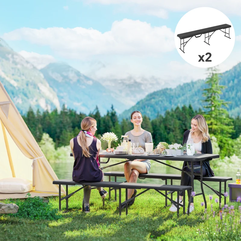 Outsunny 2 Pack 6 ft Portable Foldable Bench Seats, Plastic Folding Benches with Carrying Handle for Camping, Black