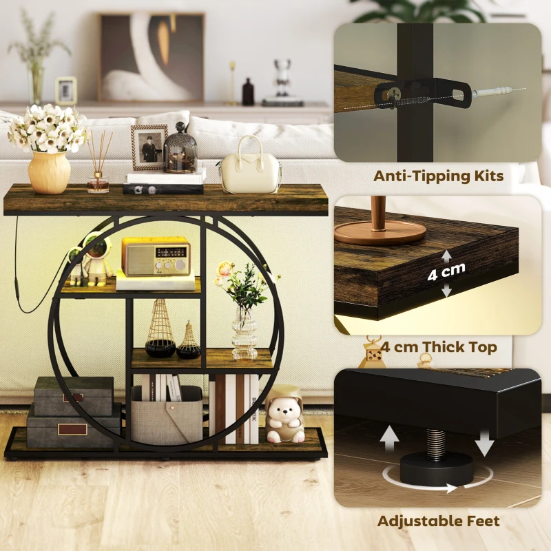 HOMCOM 4-Tier Entryway Table with Charging Station LED Lights 39" Console Table with Circle Base for Living Room, Rustic Brown