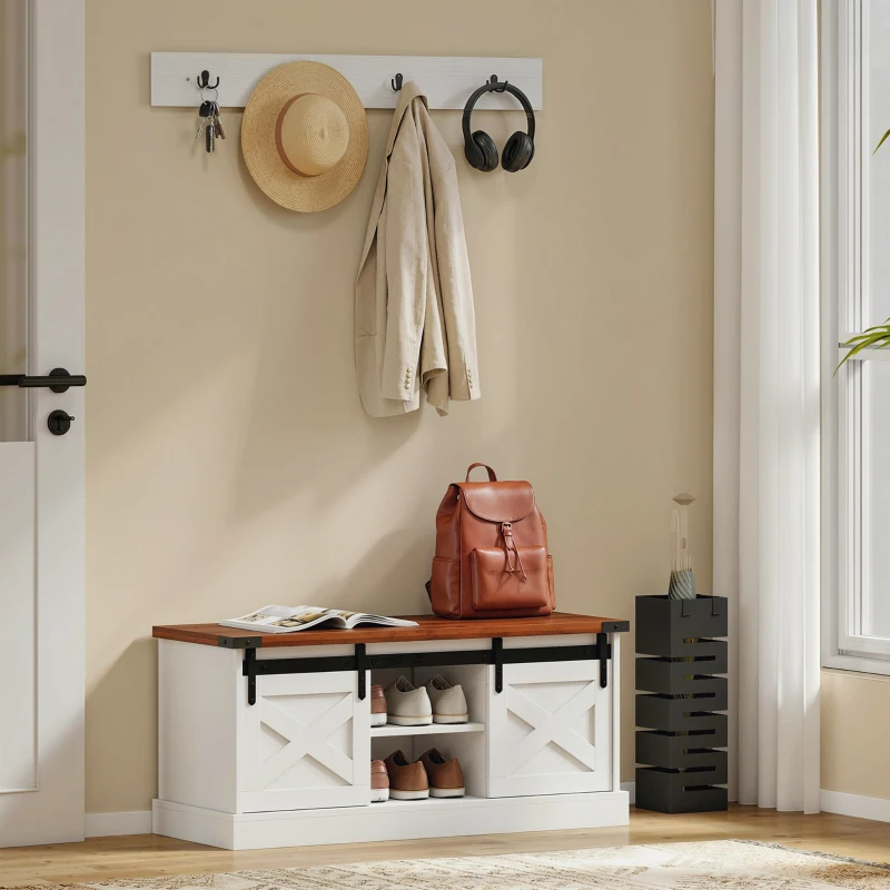 HOMCOM Coat Rack Shoe Bench Set 2-Piece Hall Tree Storage 4 Hooks Sliding Barn Doors White and Dk Walnut