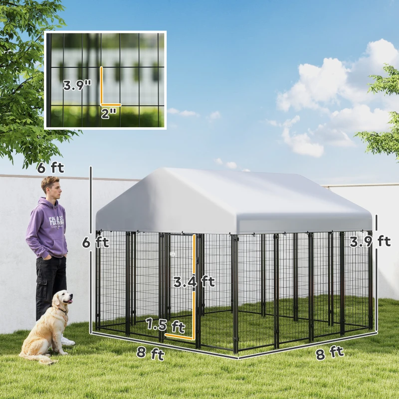 PawHut Outdoor Dog Kennel with Roof, 8' x 8' x 6' Heavy Duty Welded Wire Dog Playpen Enclosure with Escape-proof Lock