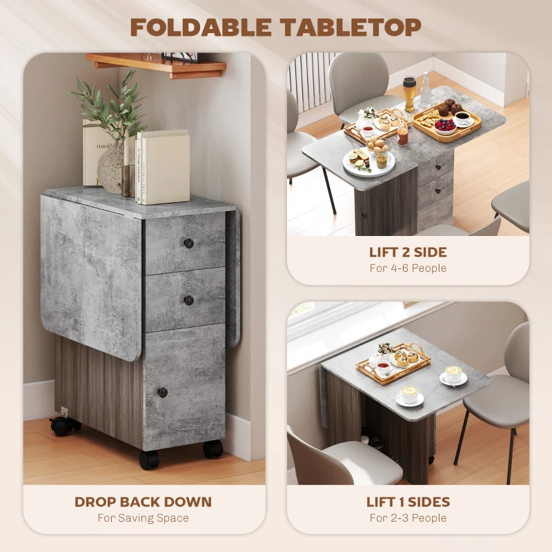 HOMCOM Drop Leaf Dining Table, Mobile Folding Table on Wheels with Drawers and Cabinet for Dining Room, Kitchen, Grey