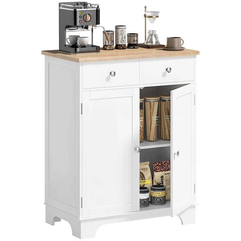 HOMCOM Sideboard Buffet Cabinet with Storage, 27" Kitchen Cabinet with Adjustable Shelf, 2 Drawers and 2 Doors, Coffee Bar Cabinet with Rubberwood Tabletop, White