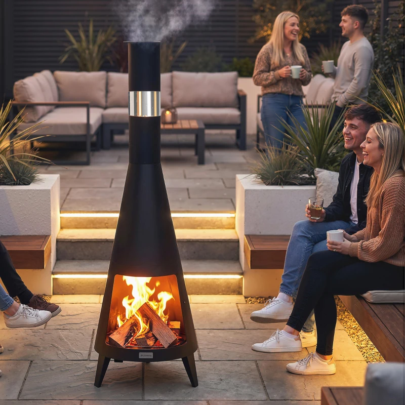 Outsunny Wood Burning Firepit with Chimney, Outdoor Fire Pit with Poker, Mesh Screen, Black