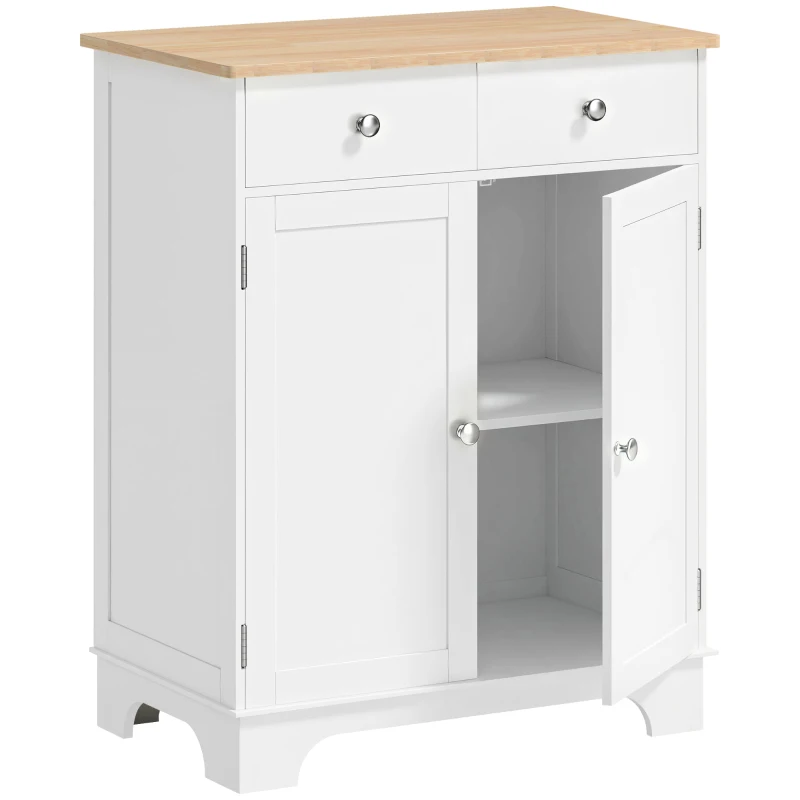 HOMCOM Sideboard Buffet Cabinet with Storage, 27" Kitchen Cabinet with Adjustable Shelf, 2 Drawers and 2 Doors, Coffee Bar Cabinet with Rubberwood Tabletop, White