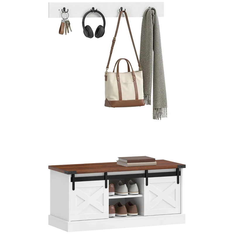 HOMCOM Coat Rack Shoe Bench Set 2-Piece Hall Tree Storage 4 Hooks Sliding Barn Doors White and Dk Walnut