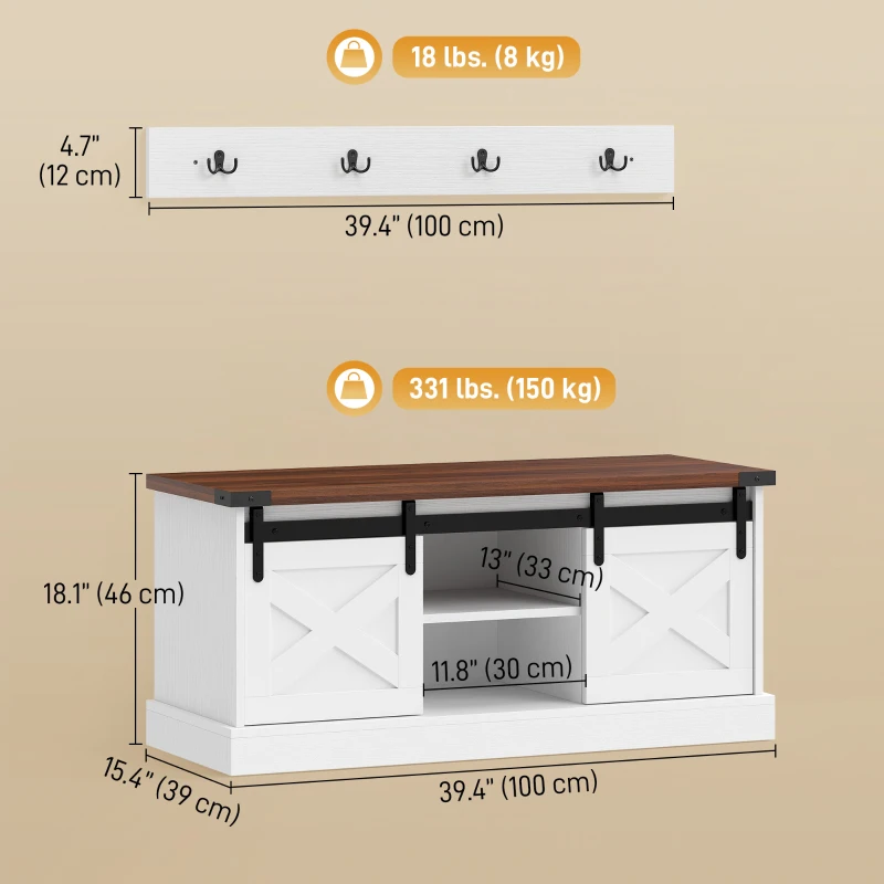 HOMCOM Coat Rack Shoe Bench Set 2-Piece Hall Tree Storage 4 Hooks Sliding Barn Doors White and Dk Walnut