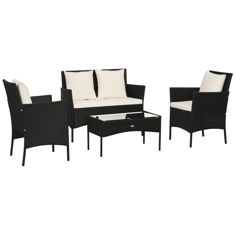 Outsunny 4-Piece Rattan Outdoor Furniture Set Patio Furniture Set with Coffee Table 22.8" W x 21.7" D x 33.5" H Black & Cream