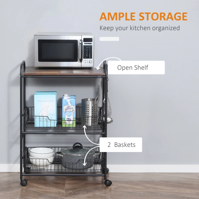 HOMCOM 3 Tier Rolling Kitchen Cart with Storage, Kitchen Island Cart on Wheels with 2 Sliding Fruit Basket, Microwave Cart with Side Hooks for Dining Room, Walnut