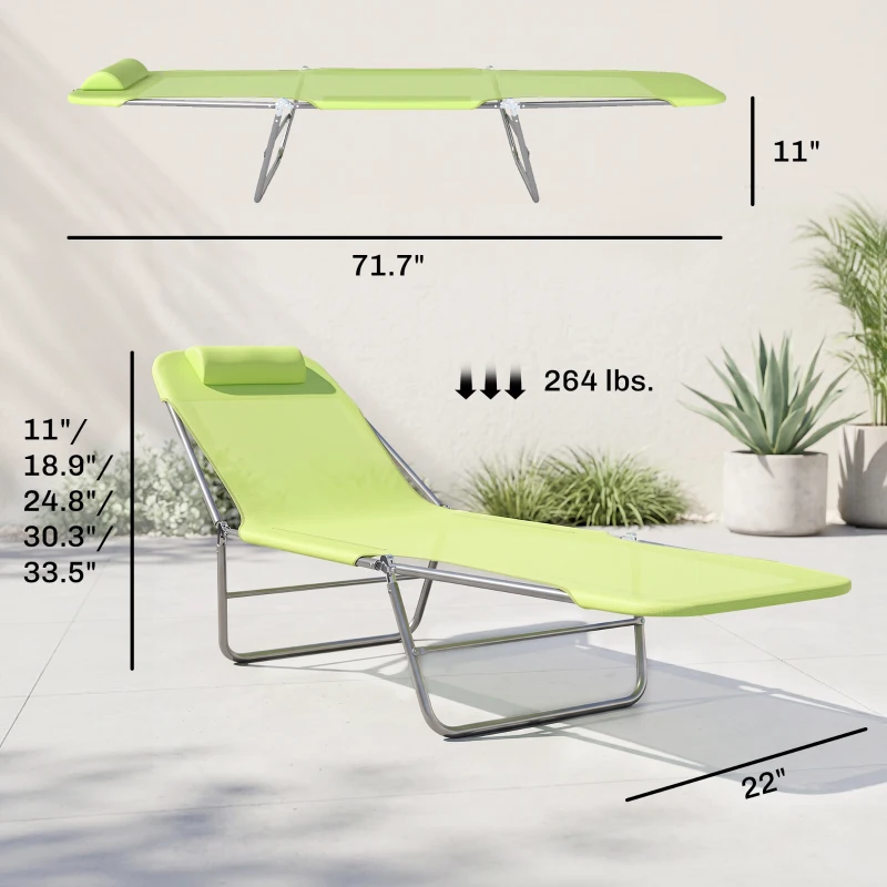 Outsunny Folding Chaise Lounge Pool Chairs, Outdoor Sun Tanning Chairs with Pillow, Reclining Back, Steel Frame & Breathable Mesh for Beach, Yard, Patio,  Green
