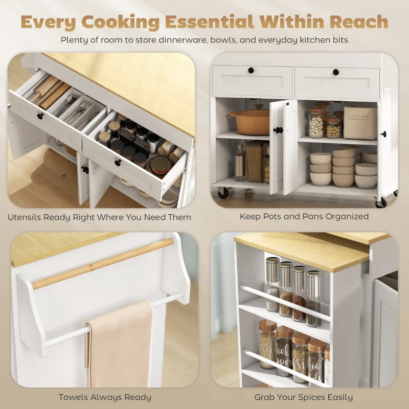HOMCOM Kitchen Island with Sliding Expandable Top, Rolling Kitchen Cart with Drawers, Cabinets & Spice Rack, White