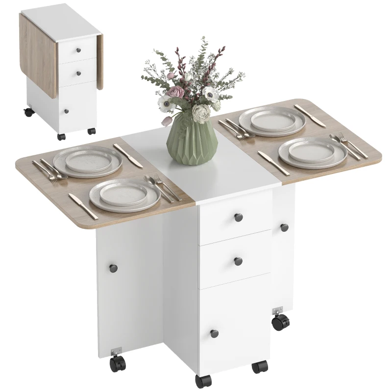 HOMCOM Drop Leaf Dining Table, Mobile Folding Table on Wheels with Drawers and Cabinet for Dining Room, Kitchen, White and Oak