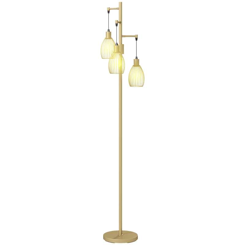 HOMCOM Industrial Floor Lamp with 3 Hanging Wire Lampshades, Dimmable Standing Lamp for Living Room, Gold