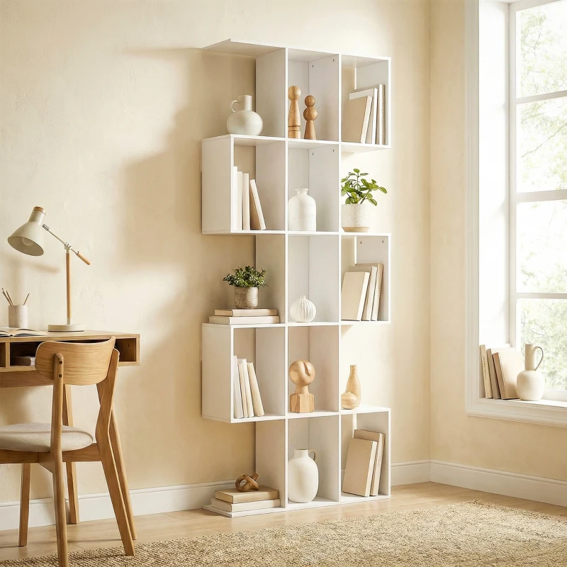 HOMCOM 5-Tier Bookshelf, S Shaped Geometric Bookcase with 15 Compartments, White Wood Grain