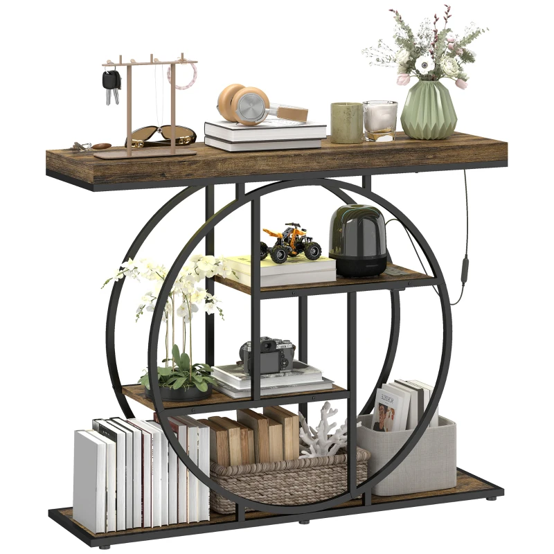 HOMCOM 4-Tier Entryway Table with Charging Station LED Lights 39" Console Table with Circle Base for Living Room, Rustic Brown