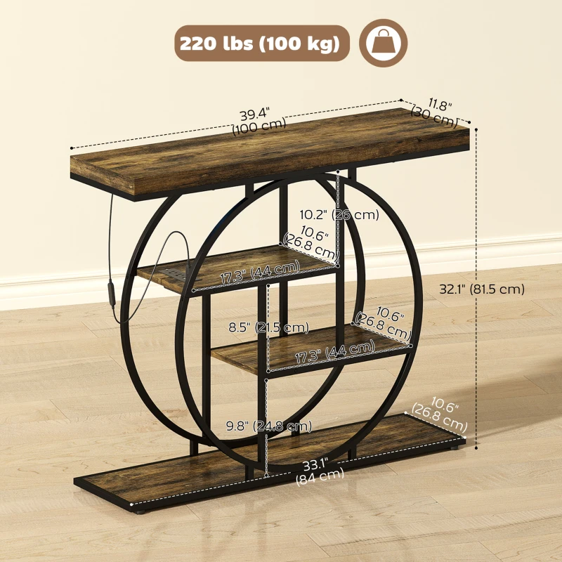 HOMCOM 4-Tier Entryway Table with Charging Station LED Lights 39" Console Table with Circle Base for Living Room, Rustic Brown