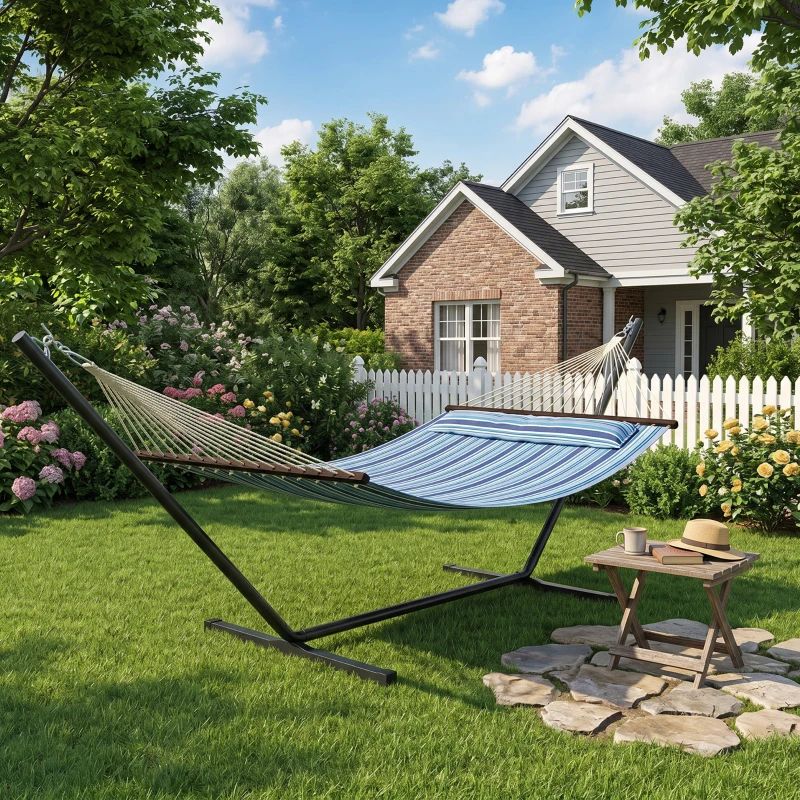 Outsunny Hammock with Stand Heavy Duty Camping Hammock with Steel Frame for Patio Backyard Blue and White