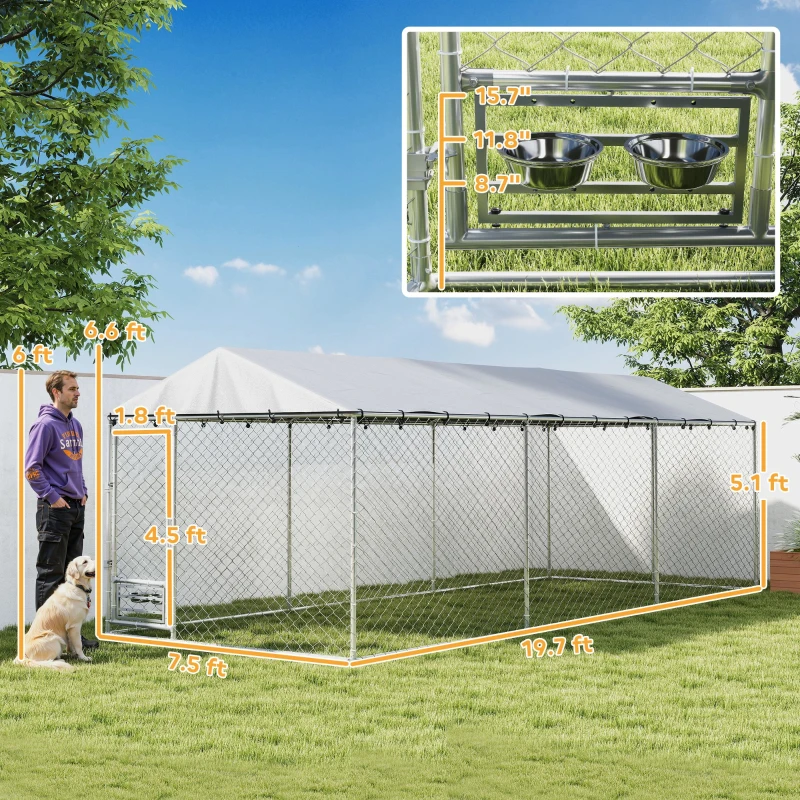 PawHut Dog Kennel Outdoor Dog Run Waterproof UV-Resist Cover Lockable Door Adjustable Bowls 20 x 7.5 x 6.5ft