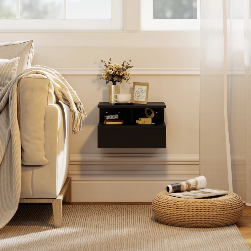 HOMCOM Floating Nightstand Set of 2, Wall Mounted Bedside Table with Drawer and Shelf, Small Night Stand for Bedroom, Black