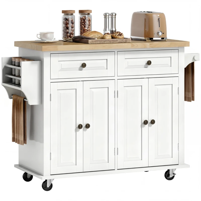 HOMCOM 44" Mobile Kitchen Island Table, Kitchen Island Cart on Wheels with Storage Cabinets, 2 Drawers, White