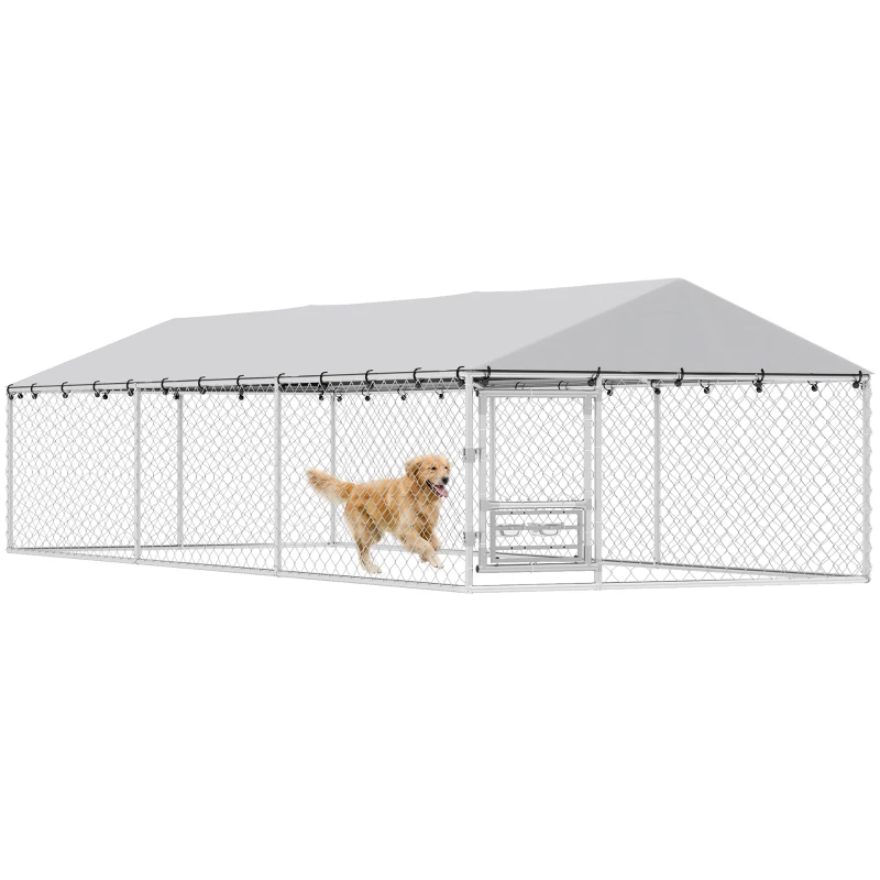 PawHut Dog Kennel Outdoor Dog Run Waterproof UV-Resist Cover Lockable Door Adjustable Bowls 20 x 7.5 x 5ft