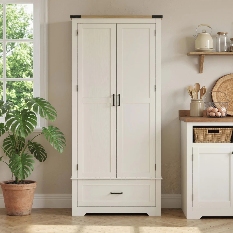 HOMCOM 69" Tall Farmhouse Kitchen Pantry Cabinet with 2 Doors, Drawer and Adjustable Shelves, Cream White