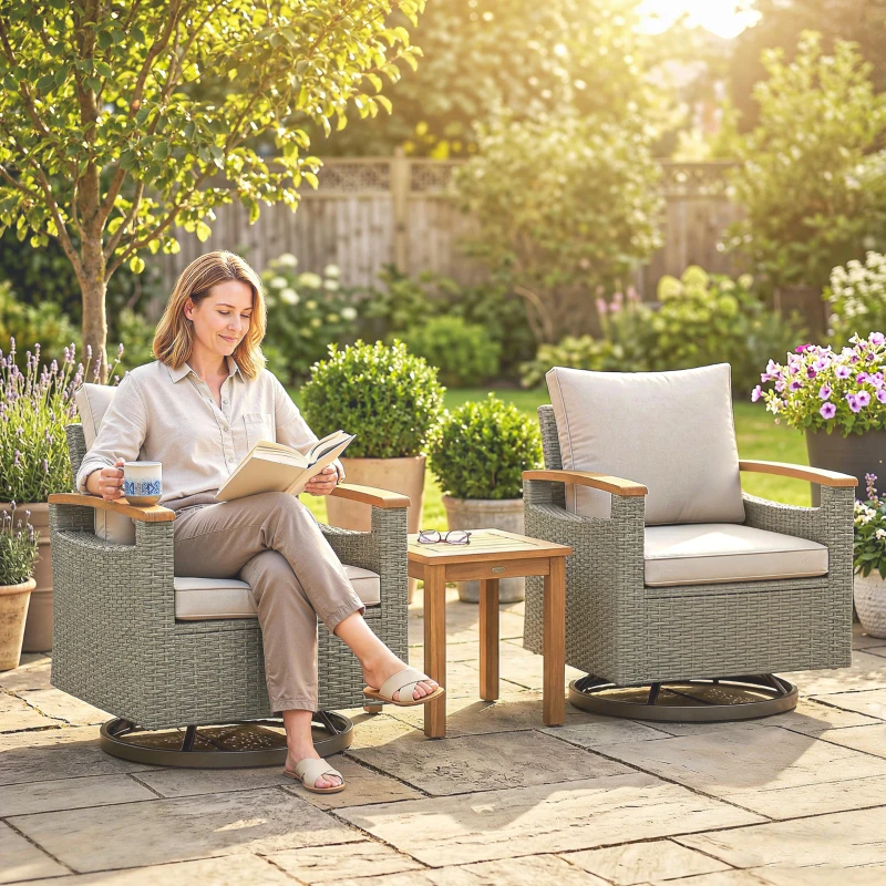 Outsunny Patio Outdoor Swivel Chairs Set of 2, PE Rattan Patio Wicker Chair with Soft Cushions, Steel Frame, Cream White