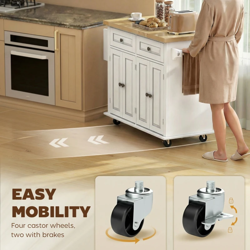HOMCOM 44" Mobile Kitchen Island Table, Kitchen Island Cart on Wheels with Storage Cabinets, 2 Drawers, White