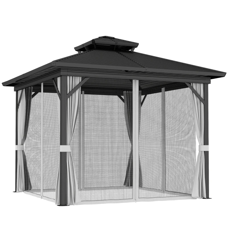 Outsunny 10' x 10' Hardtop Gazebo, Sun Shelter with Double Tier Metal Roof, Mosquito Netting, and Hanging Hook, Light Grey