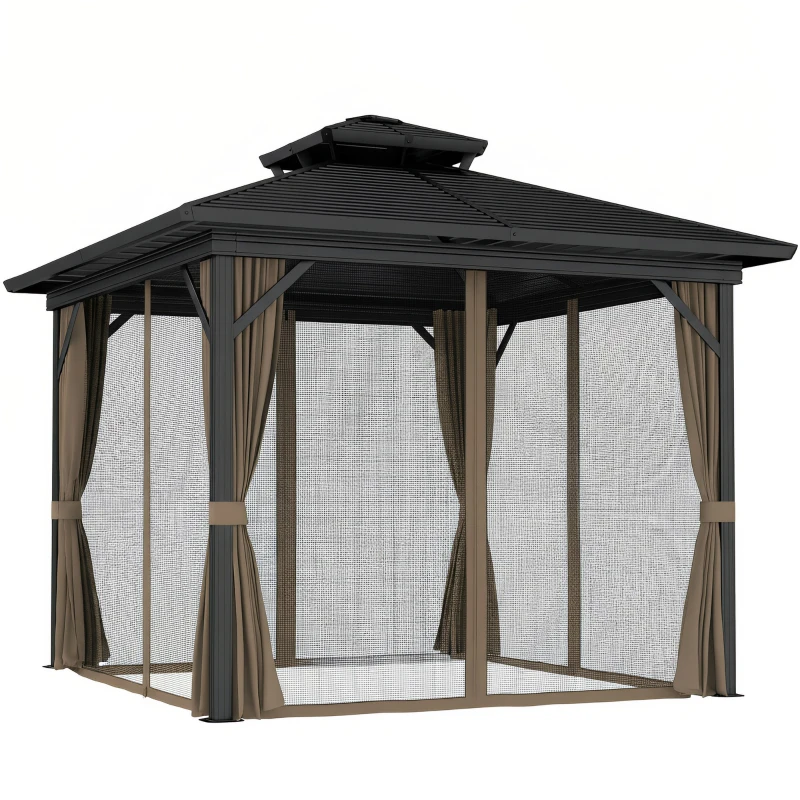Outsunny 10' x 10' Hardtop Gazebo, Sun Shelter with Double Tier Metal Roof, Mosquito Netting, and Hanging Hook, Dark Brown