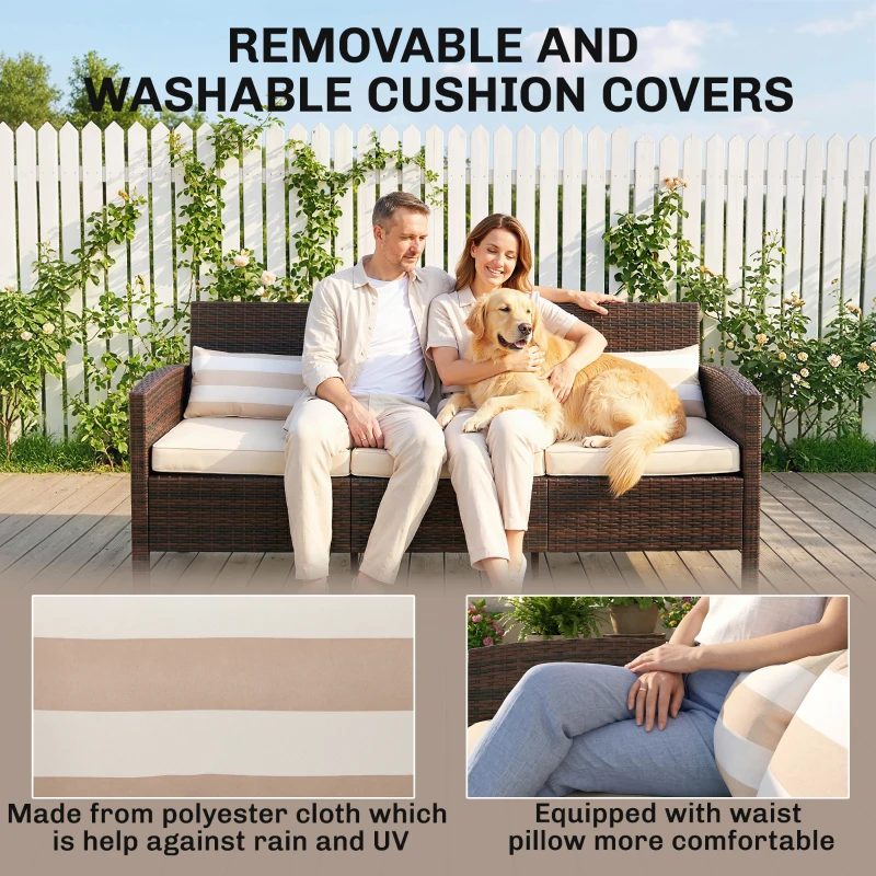 Outsunny 3-Seater Wicker Sofa, PE Rattan Outdoor Couch Conversation Furniture with Removable Cushions for Patio, Garden, Brown