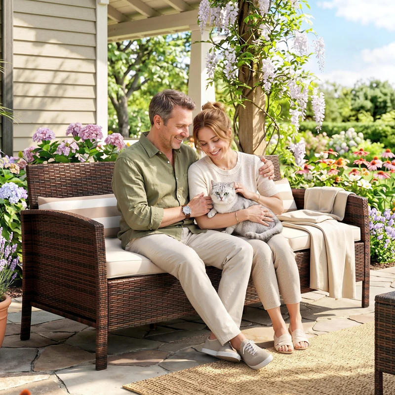 Outsunny 3-Seater Wicker Sofa, PE Rattan Outdoor Couch Conversation Furniture with Removable Cushions for Patio, Garden, Brown