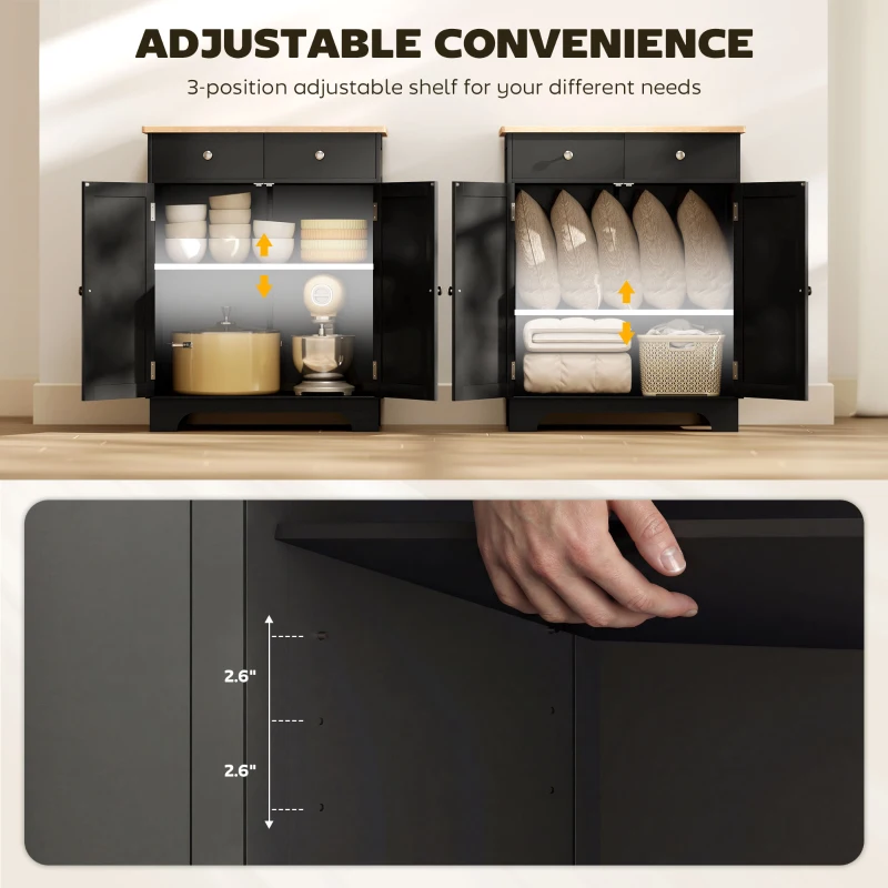 HOMCOM Kitchen Storage Cabinet, Sideboard Floor Cupboard with Solid Wood Top, Adjustable Shelf, and 2 Drawers, Black