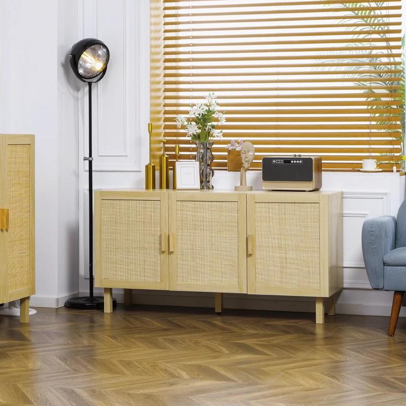 HOMCOM Boho Kitchen Cabinet, Buffet Cabinet with 3 Rattan Doors and Adjustable Shelves for Dining Room, Natural