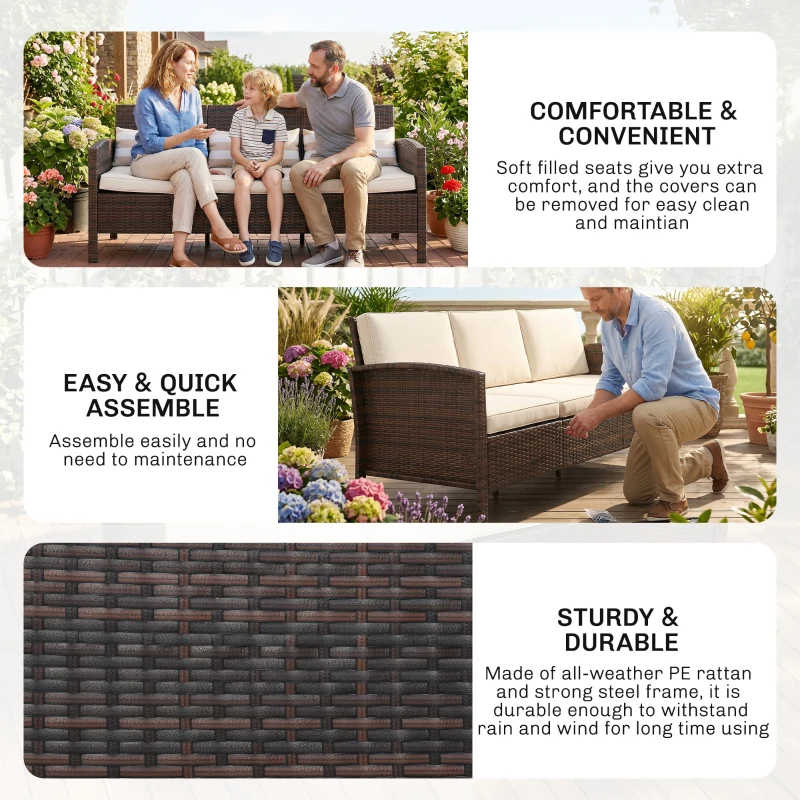 Outsunny 3-Seater Wicker Sofa, PE Rattan Outdoor Couch Conversation Furniture with Removable Cushions for Patio, Garden, Brown
