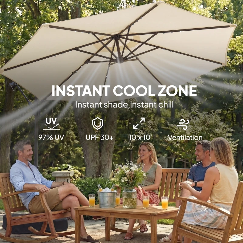 Outsunny 10 ft Cantilever Patio Umbrella with Light, Weight, Offset Hanging Outdoor Umbrella with Protective Cover, Cream White