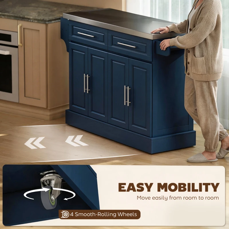 HOMCOM Rolling Kitchen Island with Stainless Steel Top, 2 Drawers, Spice, Knife and Towel Rack and Cabinets, Navy Blue